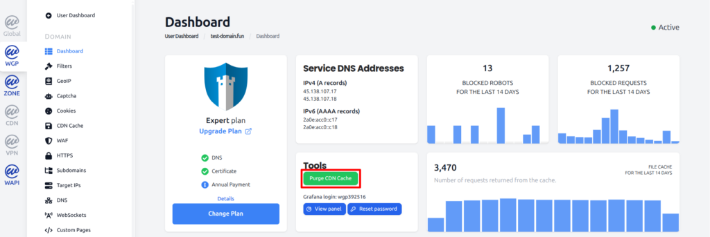 Purge CDN cache button in WGP domain dashboard