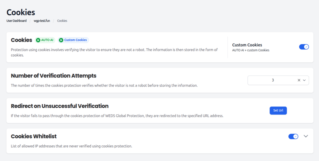 Cookies custom settings