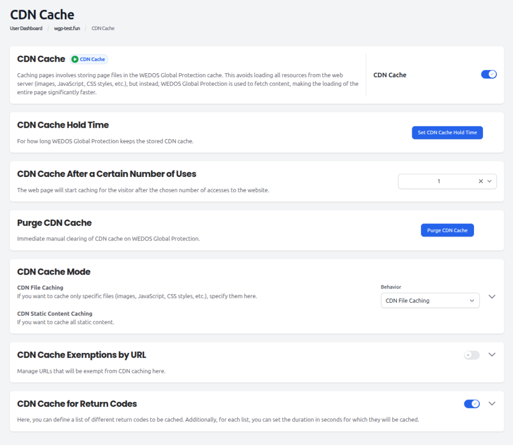 CDN Cache custom settings