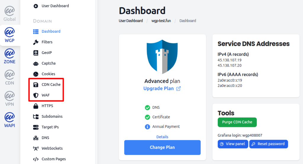 Access CDN Cache and WAF in dashboard