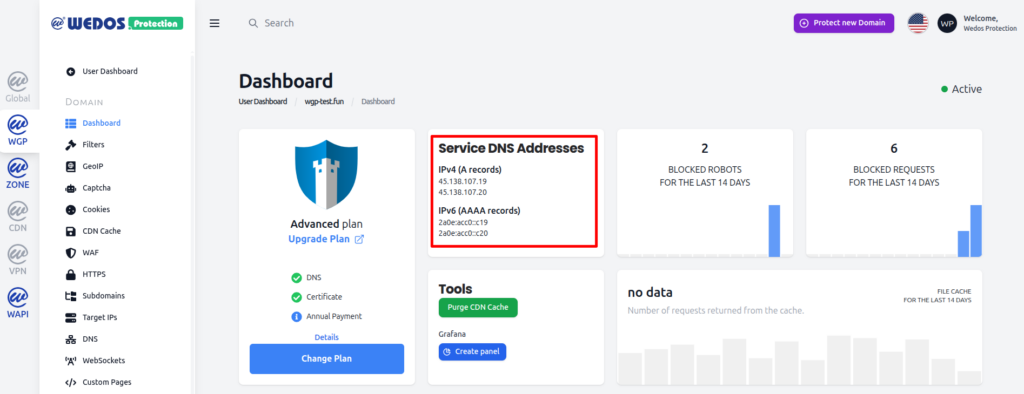 WGP Proxy IPs in the domain dashboard