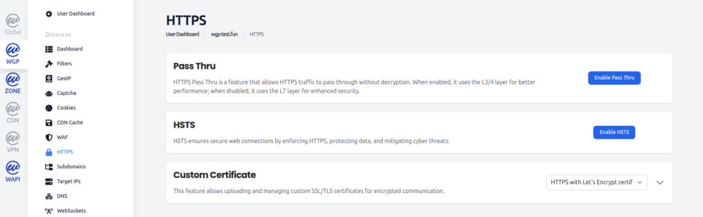 HTTPS settings in dashboard