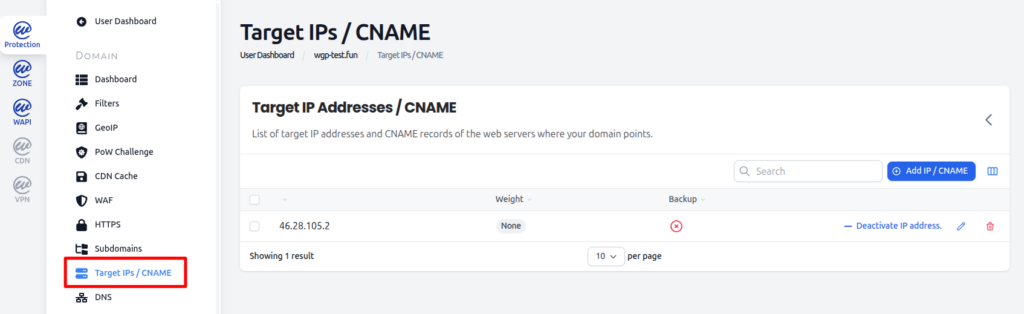 Target IPs / CNAME tab with outdated Target IP Address
