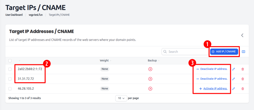 Add and enable new Target IPs, disable outdated Target IP