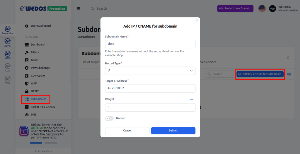 Subdomain with different Target IP