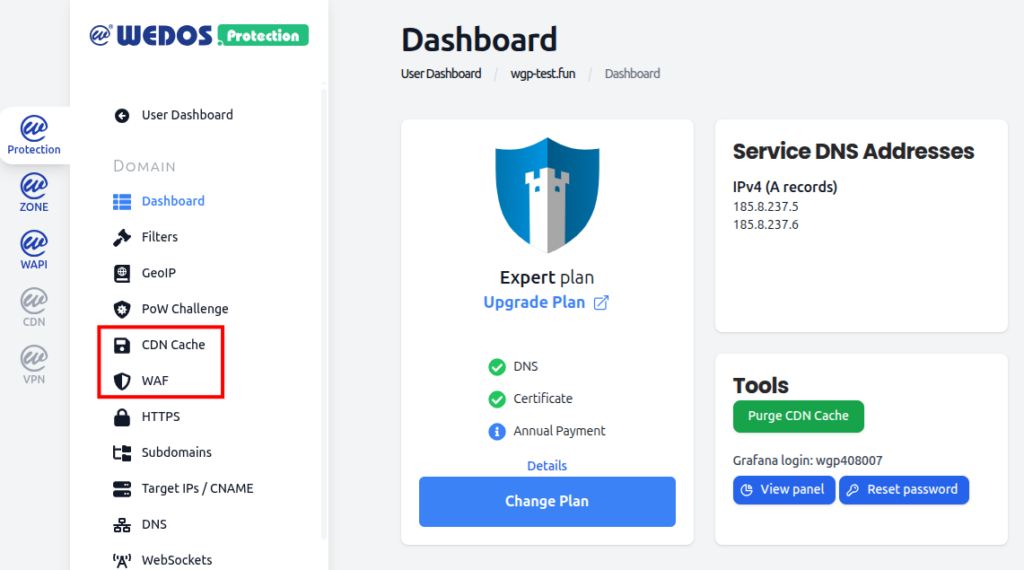 Access CDN Cache and WAF in dashboard